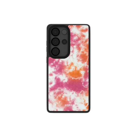 Pink orange tie dye Samsung Galaxy case, back view with a hot pink and tangerine swirl around the camera cutout