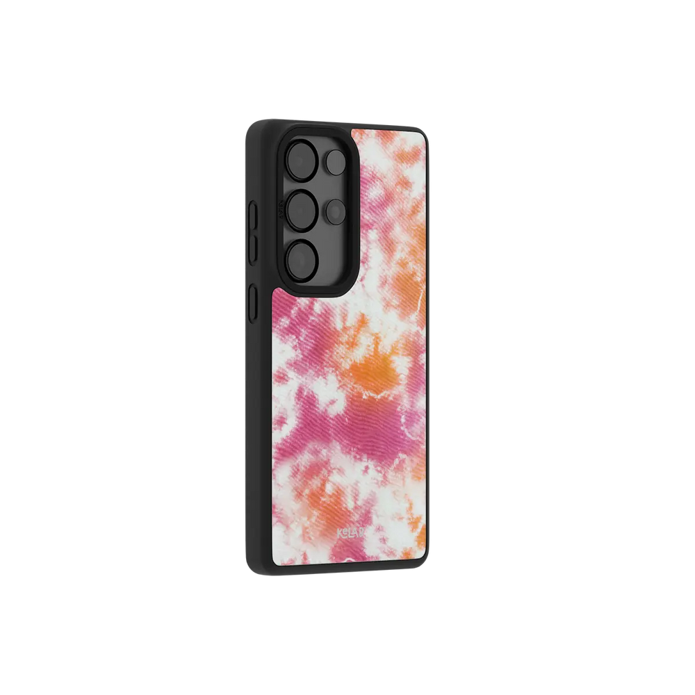 Pink orange tie dye Samsung Galaxy case at a side angle showing the wrapped button covers