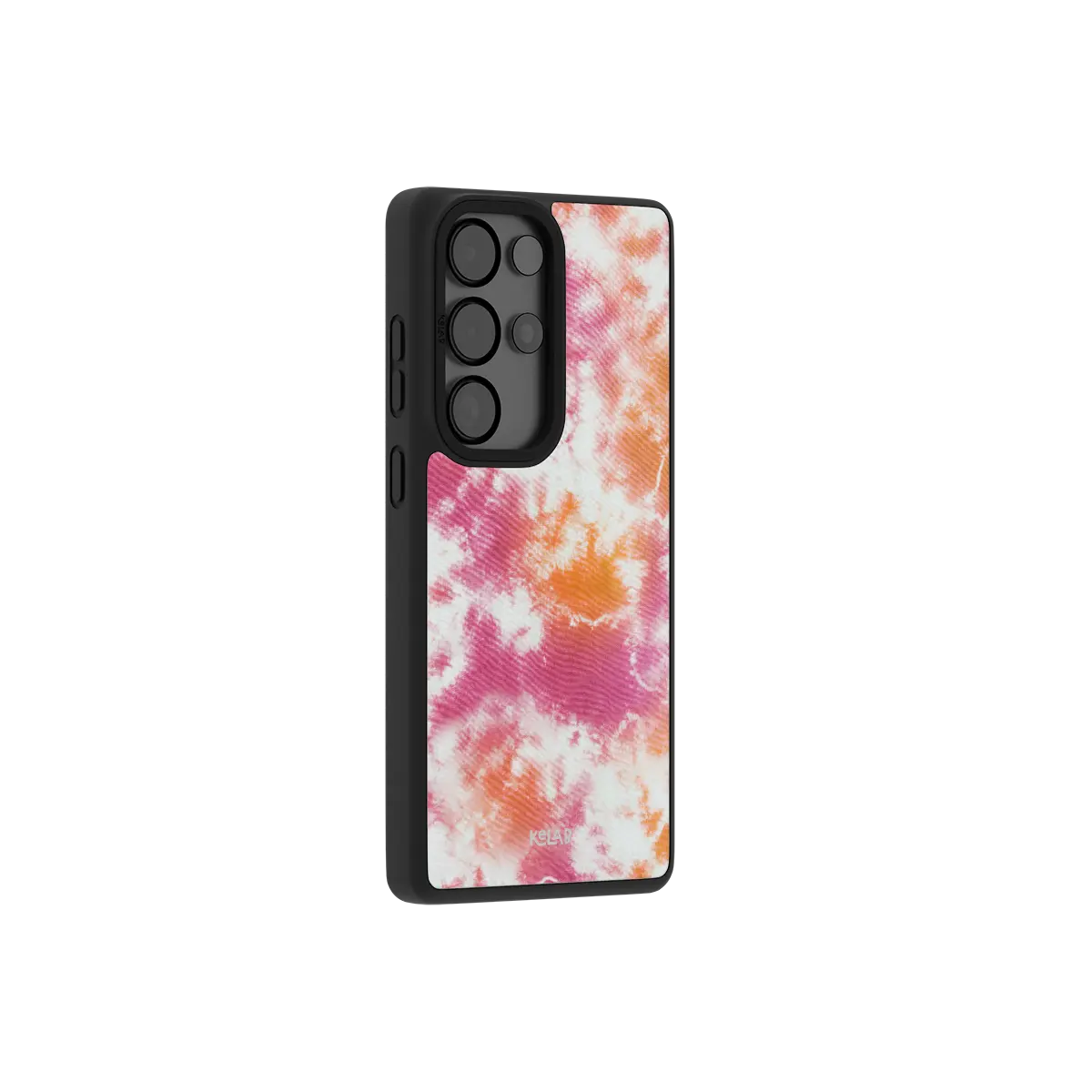 Pink orange tie dye Samsung Galaxy case at a side angle showing the wrapped button covers