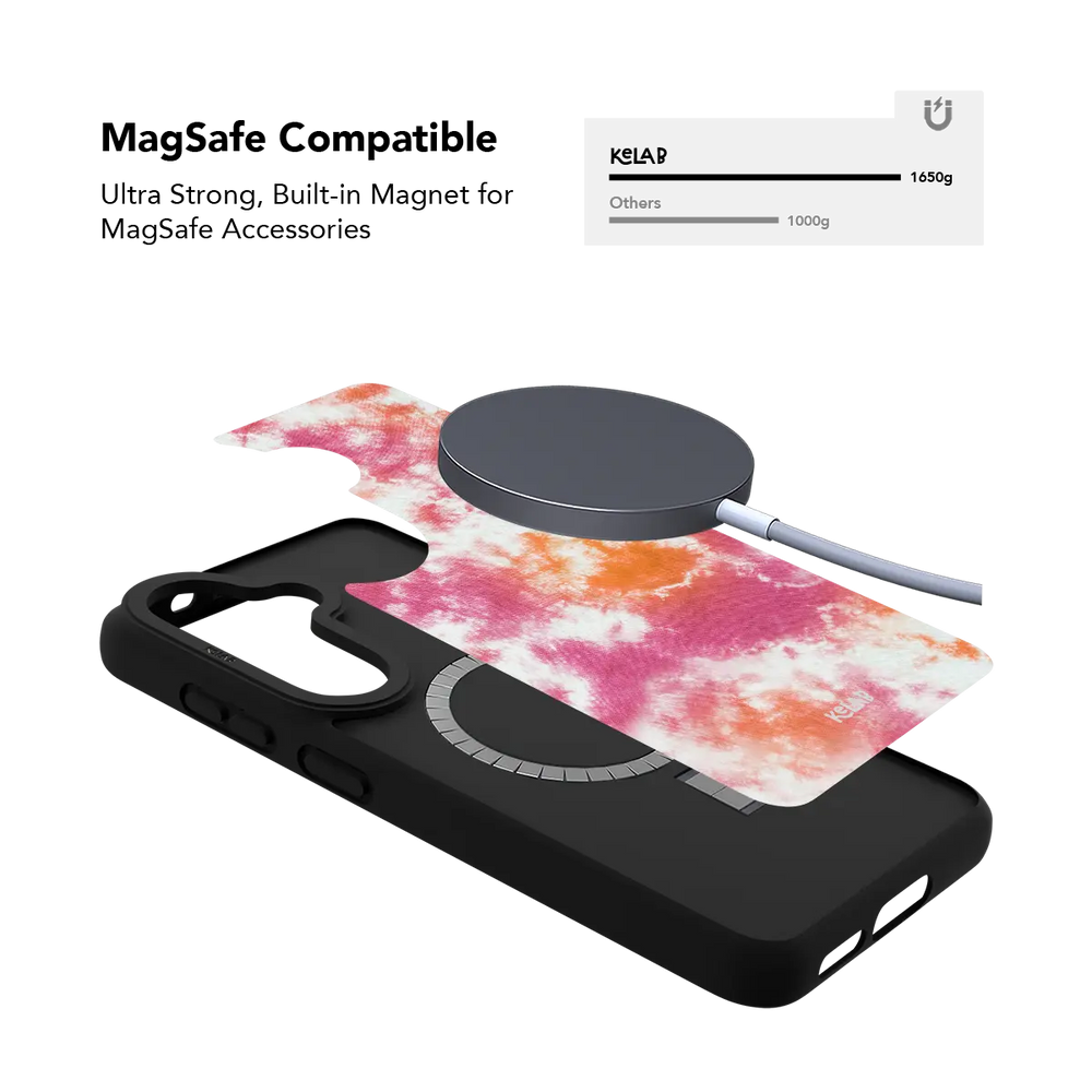Pink orange tie dye Samsung Galaxy case holding a magnetic wireless charger through the built in ring