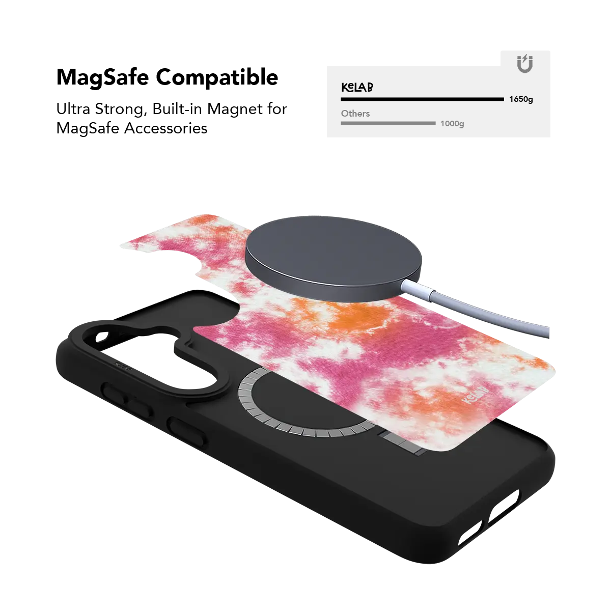 Pink orange tie dye Samsung Galaxy case holding a magnetic wireless charger through the built in ring