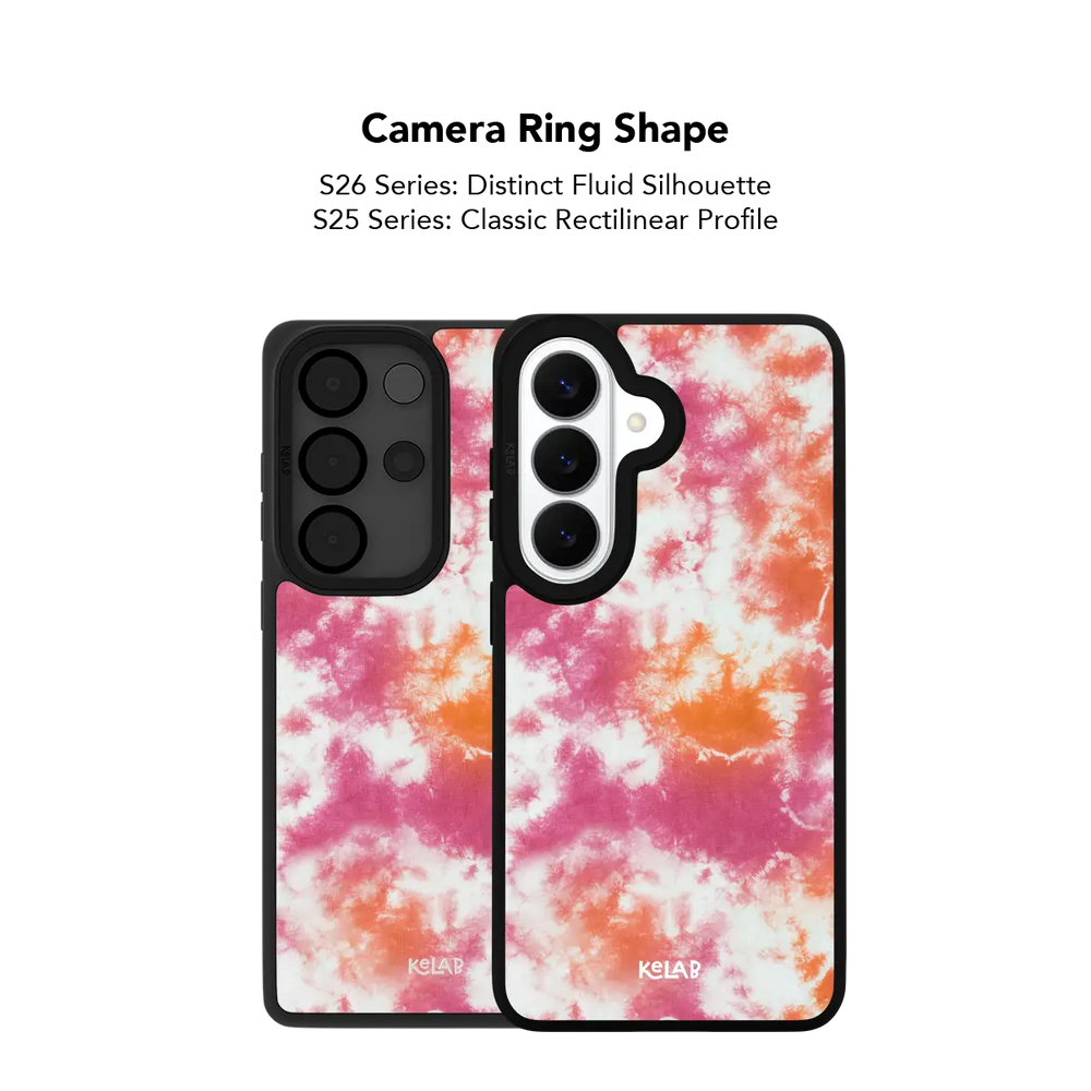 Close up of the camera ring cutout on the pink orange tie dye Samsung Galaxy case