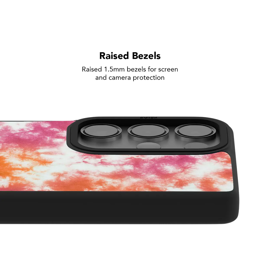 Raised bezel on the pink orange tie dye Galaxy case lifting the camera lenses clear of a flat surface