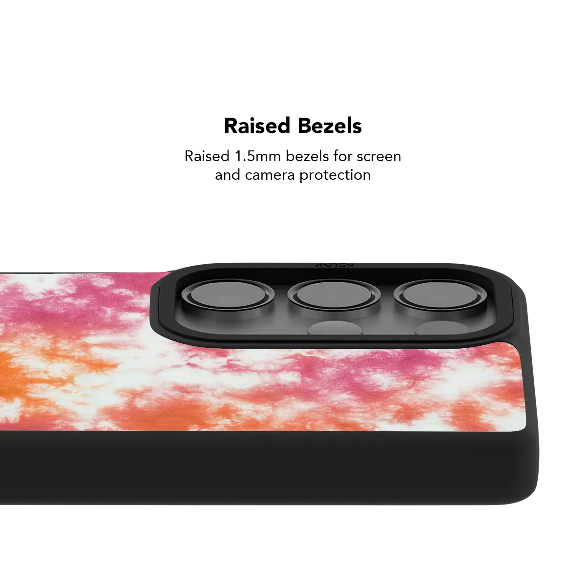 Raised bezel on the pink orange tie dye Galaxy case lifting the camera lenses clear of a flat surface