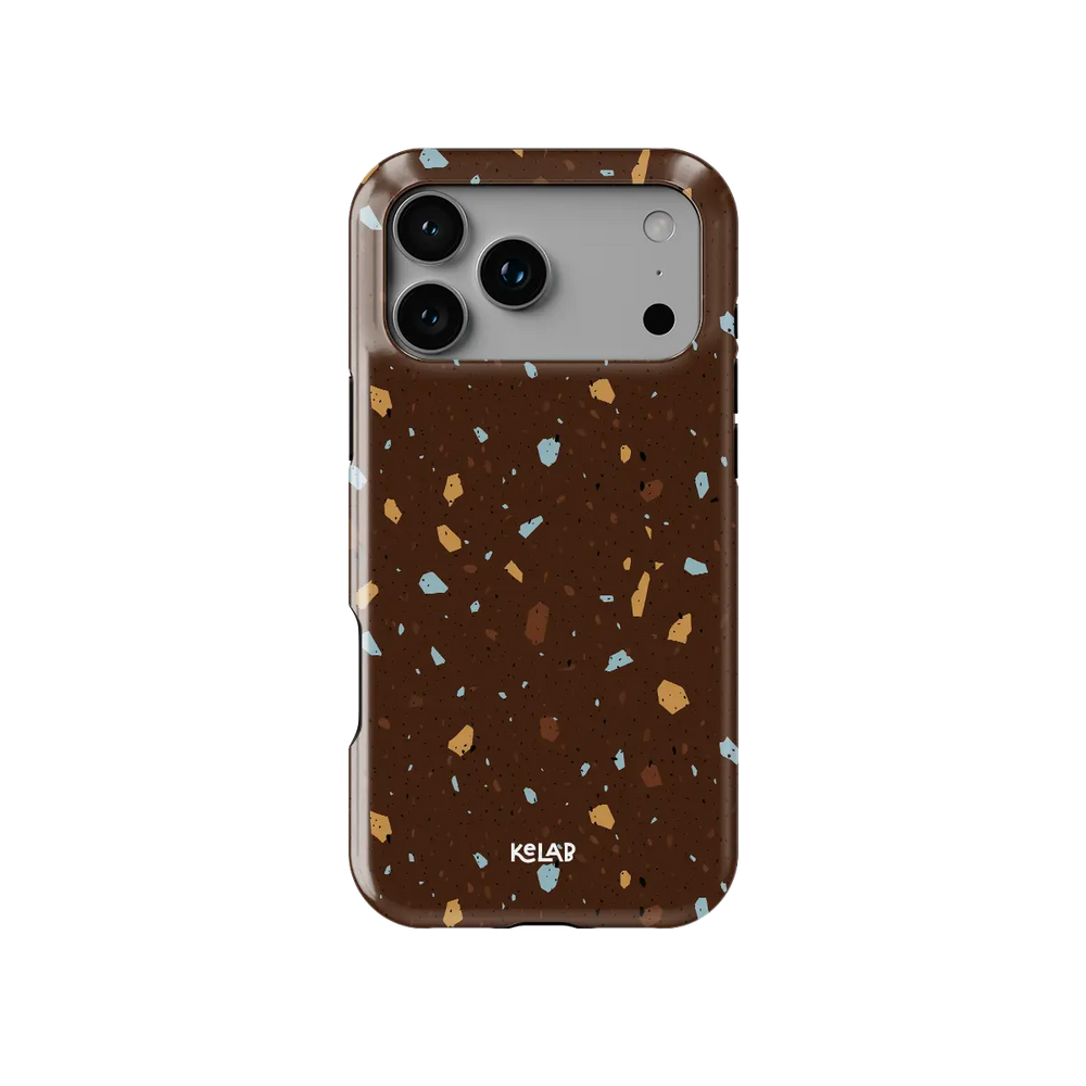 Cocoa Shard brown terrazzo Tough iPhone case, front view showing the pattern.
