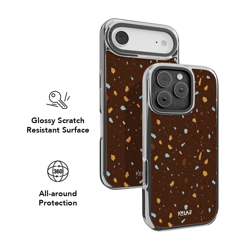 Earthy KELAB iPhone Case brown terrazzo speckle pattern with raised camera rim and clear border