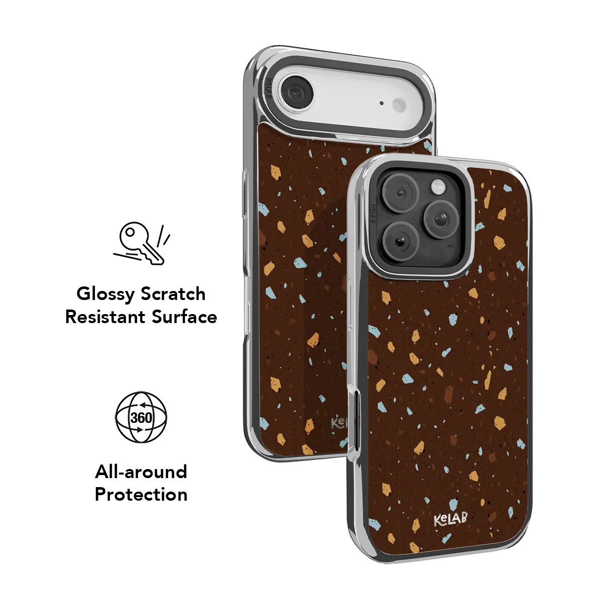 Earthy KELAB iPhone Case brown terrazzo speckle pattern with raised camera rim and clear border