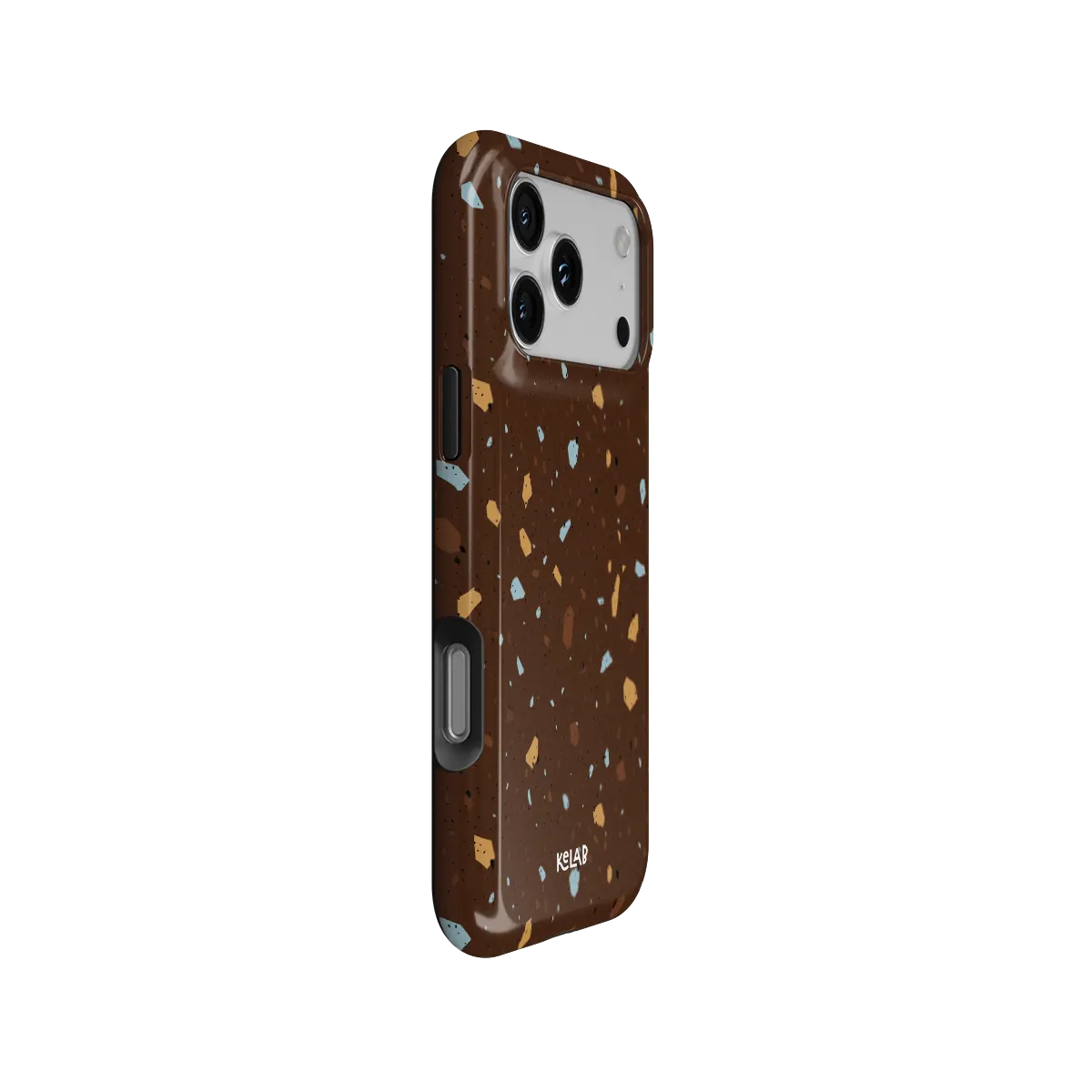 Cocoa Shard brown terrazzo Tough iPhone case, side view showing the pattern wrapped around the shell.