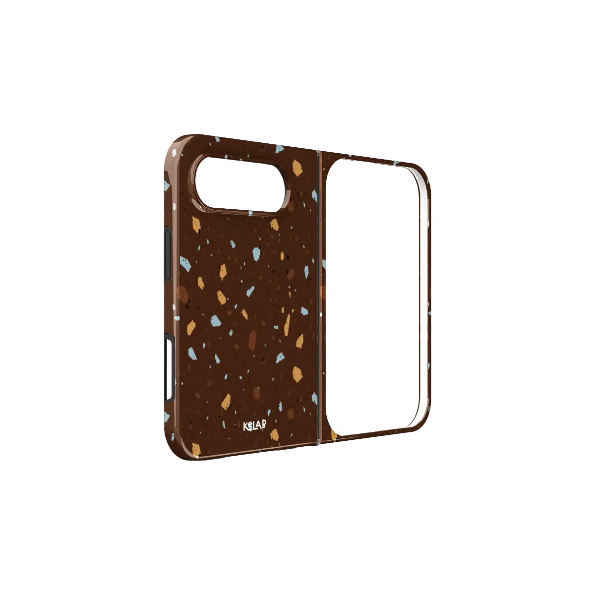 Brown Terrazzo, Earthy Neutral Stone iPhone 18 Fold Case, unfolded side view showing the hinge