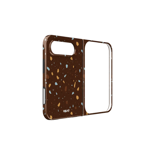 Brown Terrazzo, Earthy Neutral Stone iPhone 18 Fold Case, unfolded side view showing the hinge