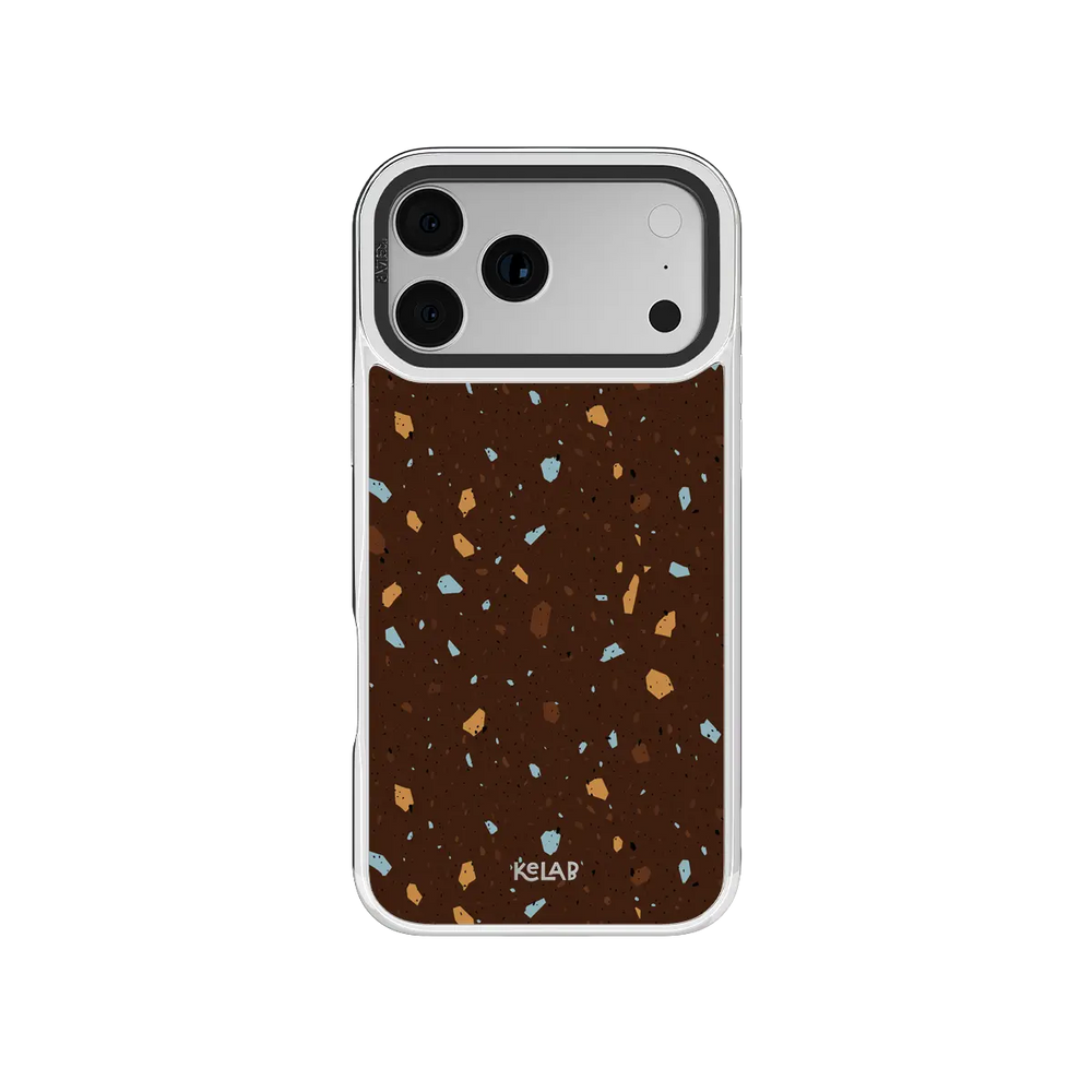 Terrazzo speckle KELAB iPhone Case brown phone case with abstract cocoa tile pattern