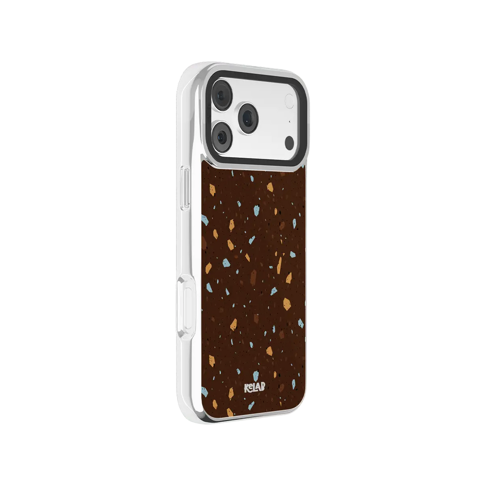 Brown KELAB iPhone Case speckled terrazzo design with blue and beige flecks on neutral case
