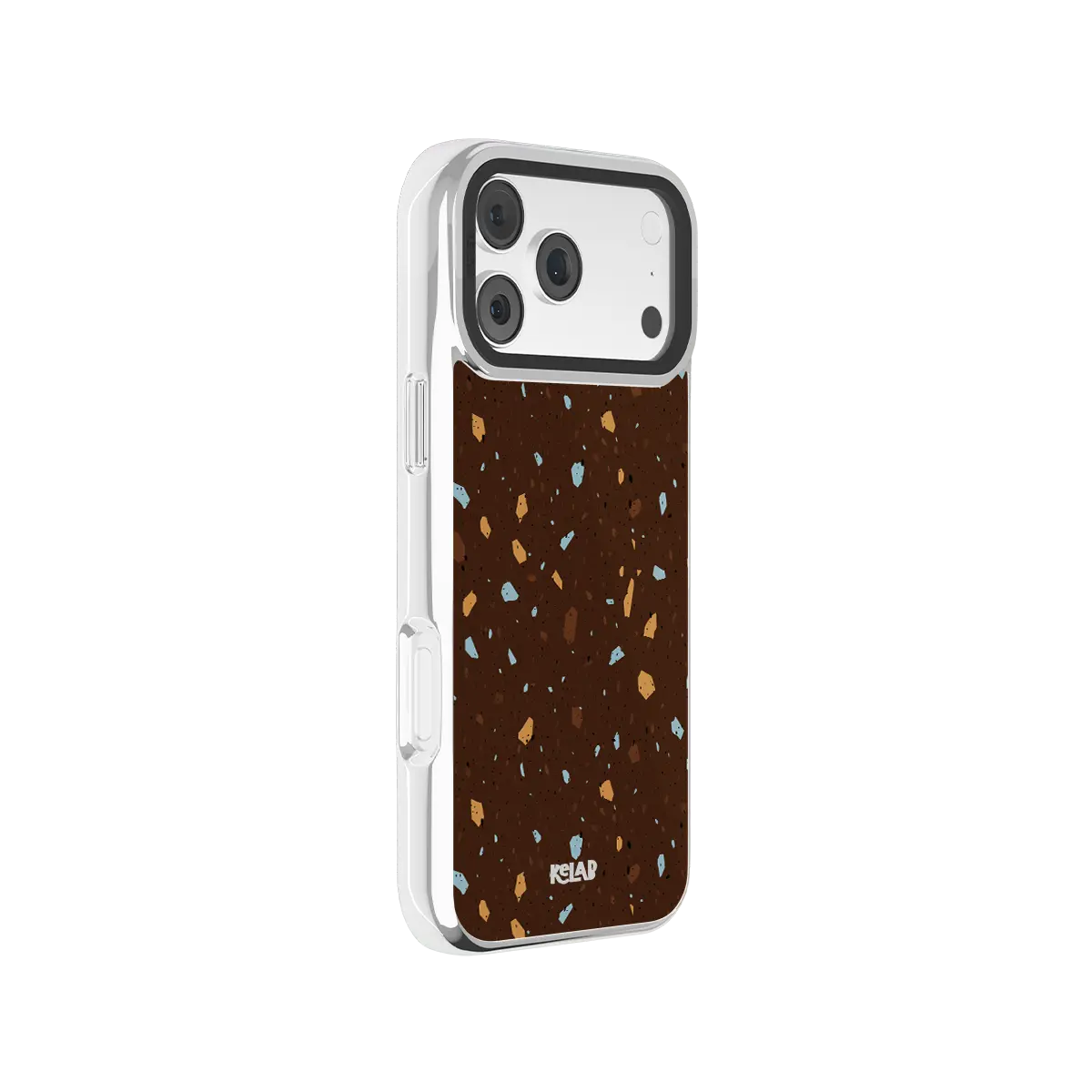 Brown KELAB iPhone Case speckled terrazzo design with blue and beige flecks on neutral case