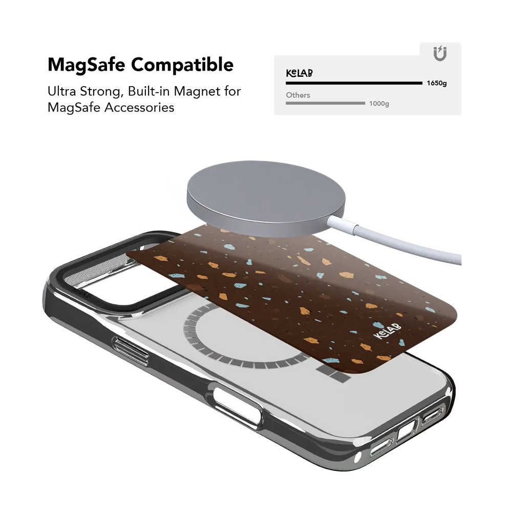 Terrazzo speckle KELAB iPhone Case brown MagSafe magnet back with multi-color dots