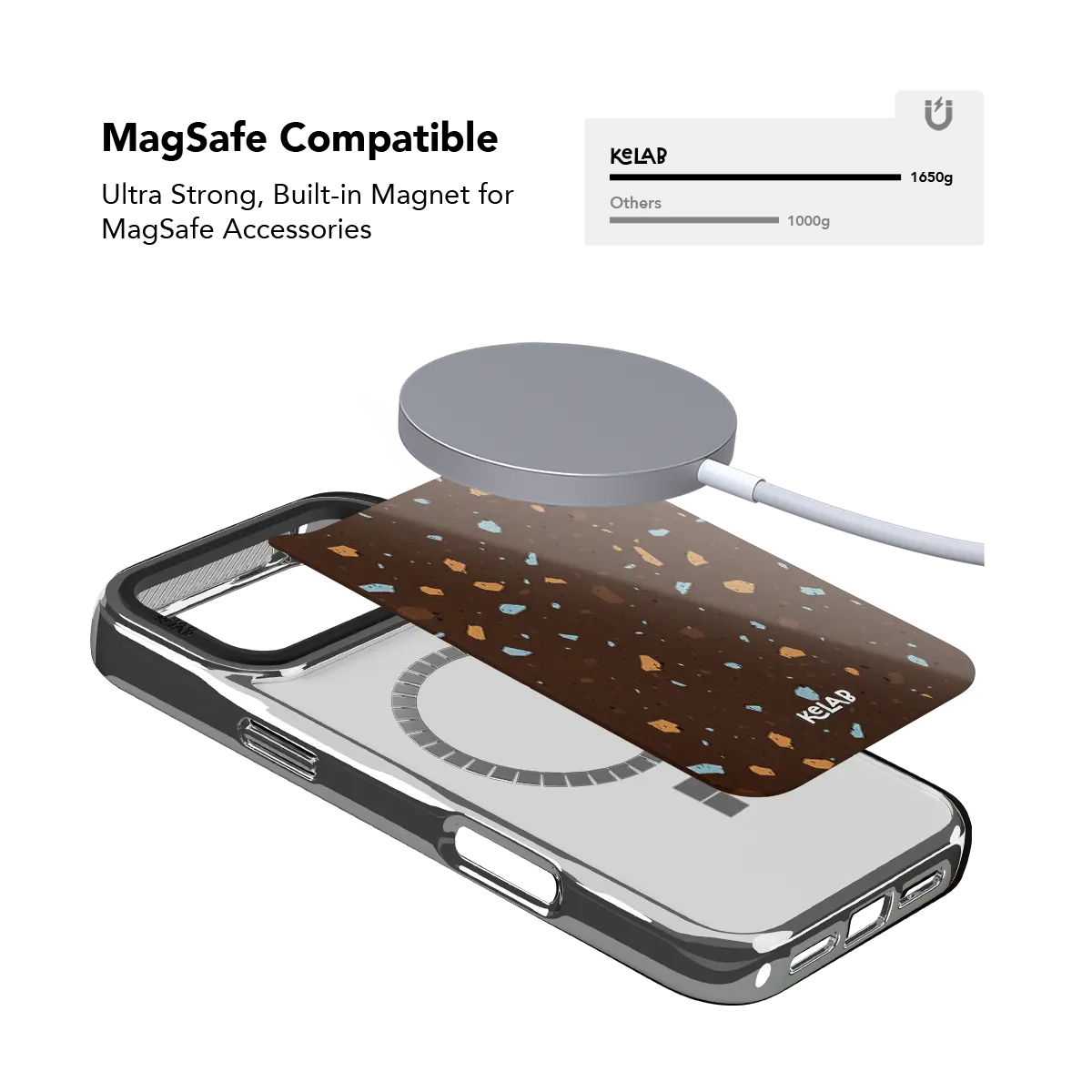 Terrazzo speckle KELAB iPhone Case brown MagSafe magnet back with multi-color dots