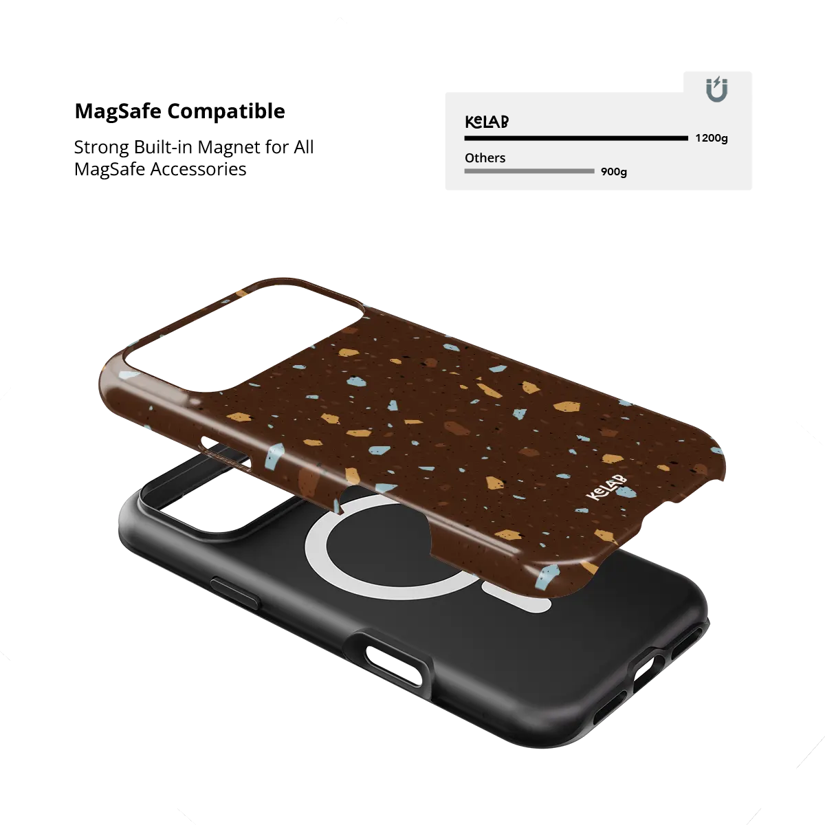 Cocoa Shard brown terrazzo Tough iPhone case with built-in strong MagSafe magnets.