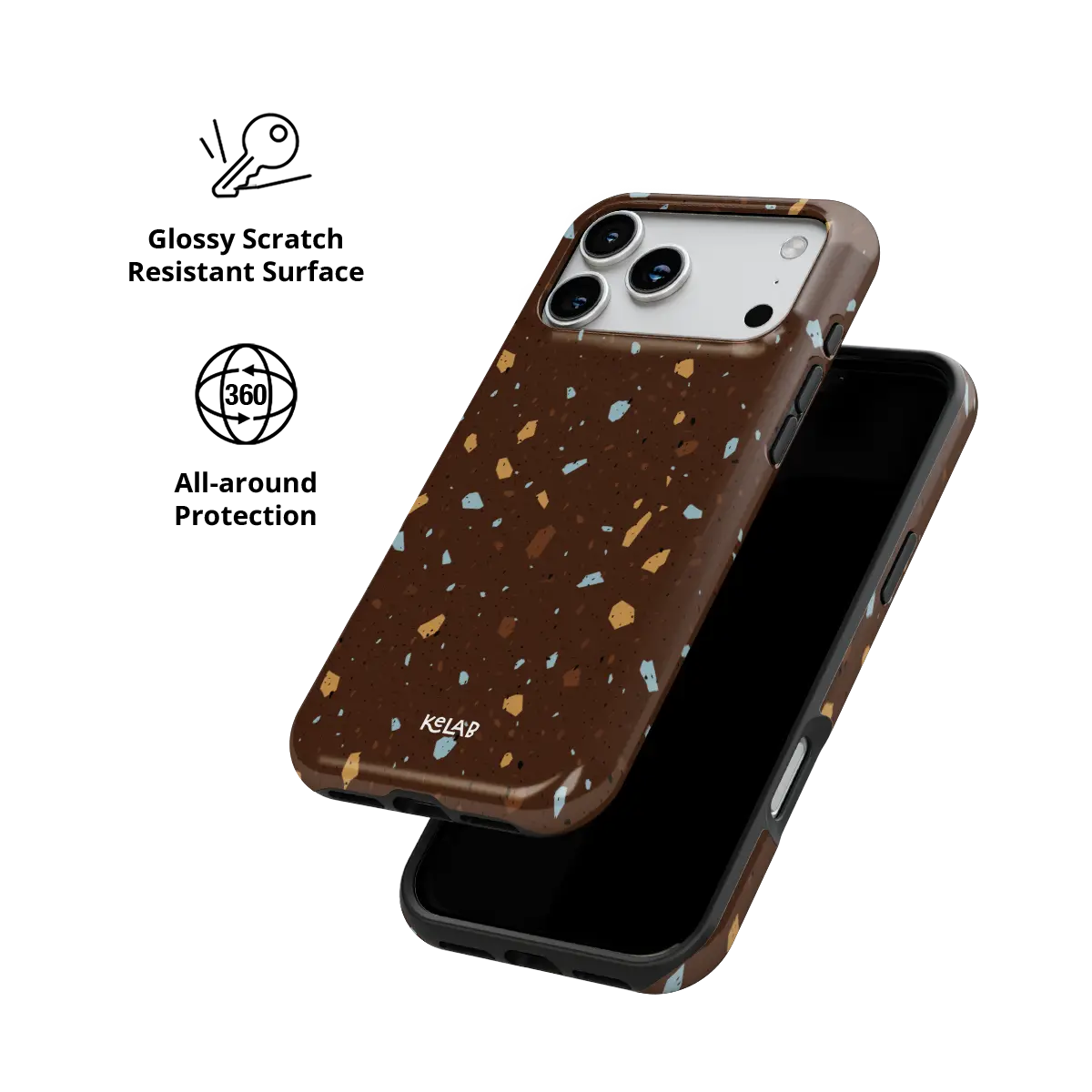 Cocoa Shard brown terrazzo Tough iPhone case with glossy, scratch resistant all-around protection.