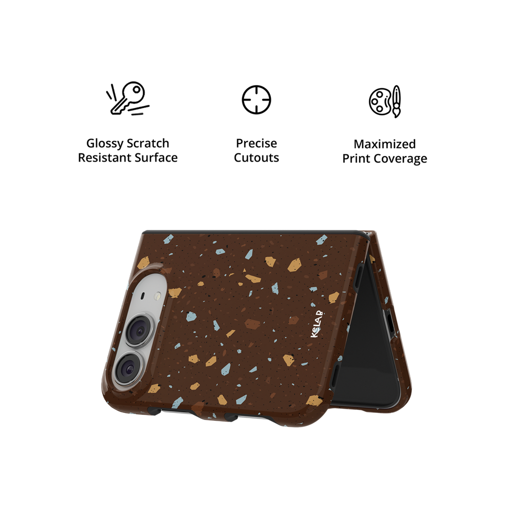 Brown Terrazzo, Earthy Neutral Stone iPhone 18 Fold Case, slightly folded, showing the glossy finish