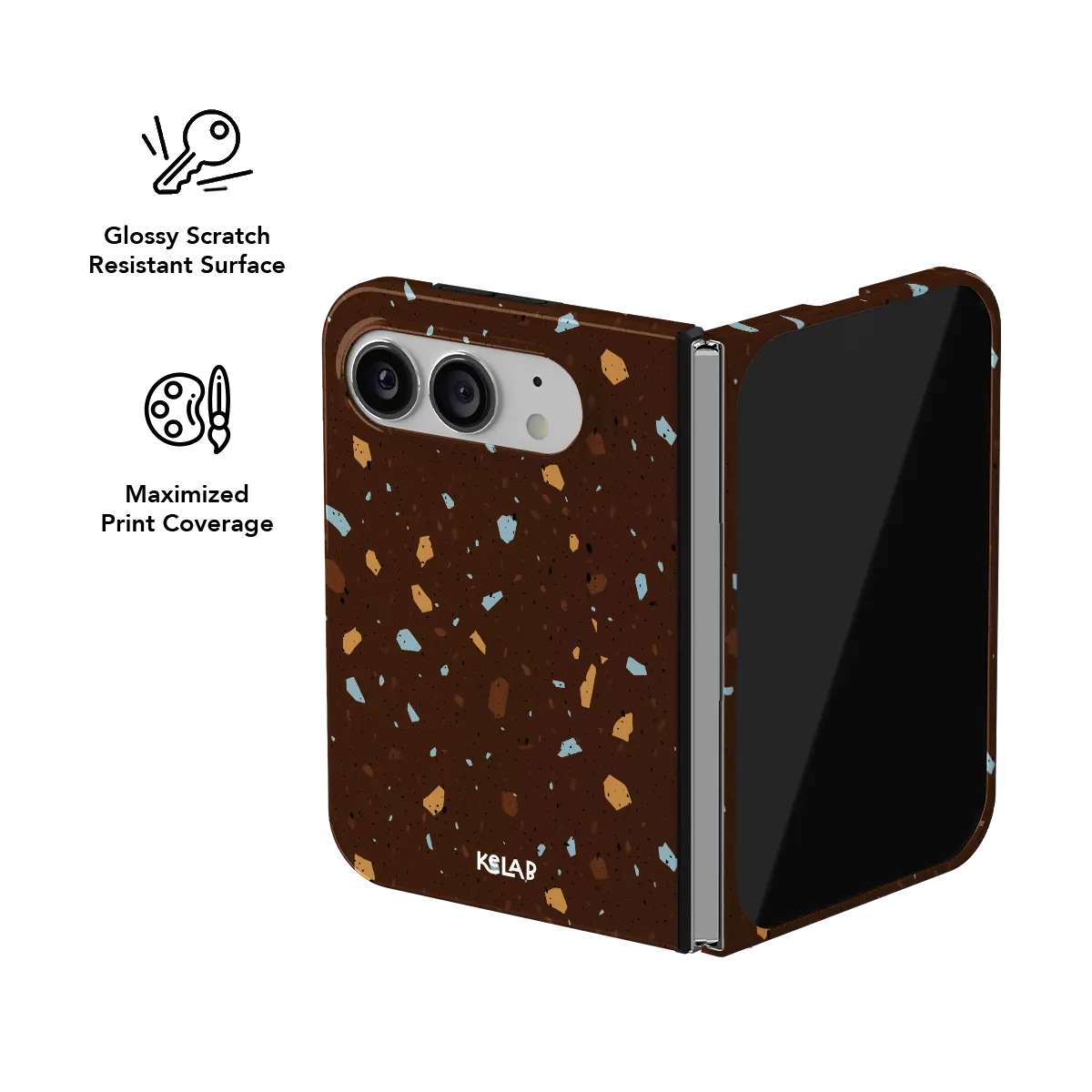 Brown Terrazzo, Earthy Neutral Stone iPhone 18 Fold Case, slightly folded, showing the glossy finish