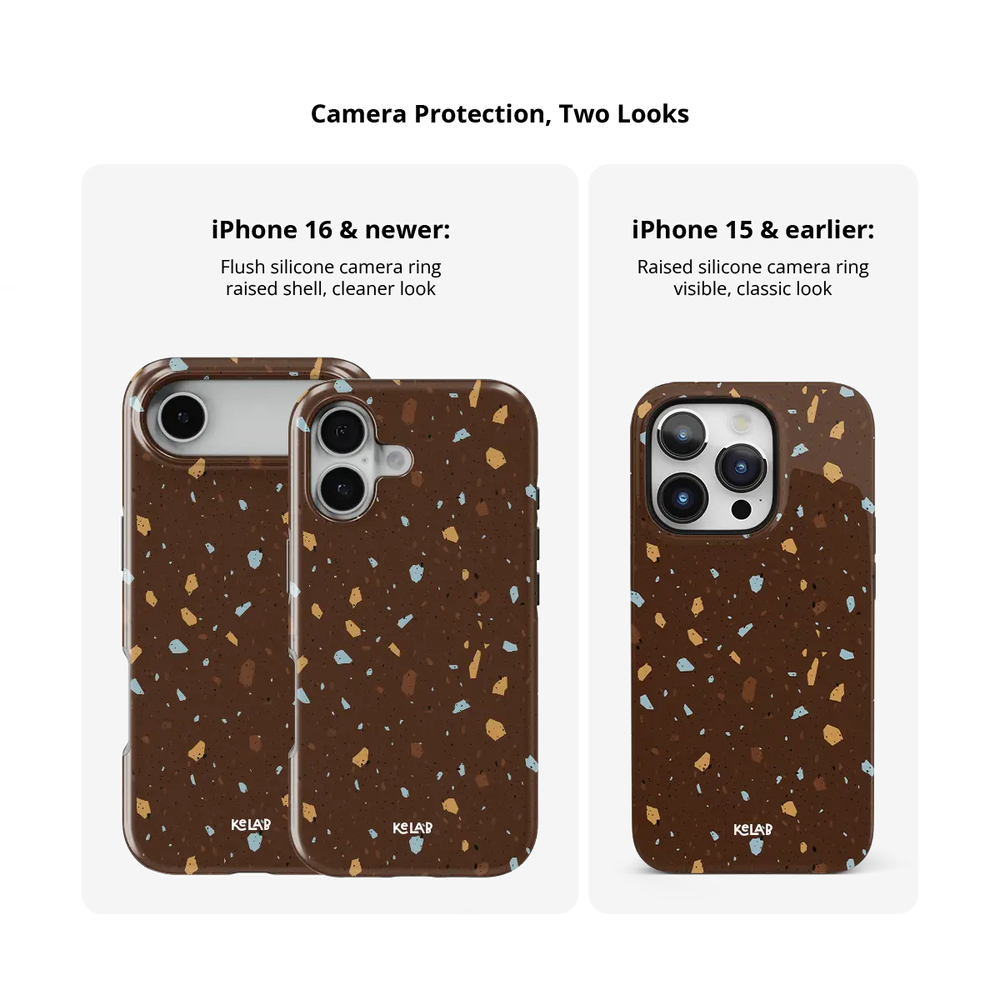 Cocoa Shard brown terrazzo Tough iPhone case size comparison across iPhone 15 to 18 models.