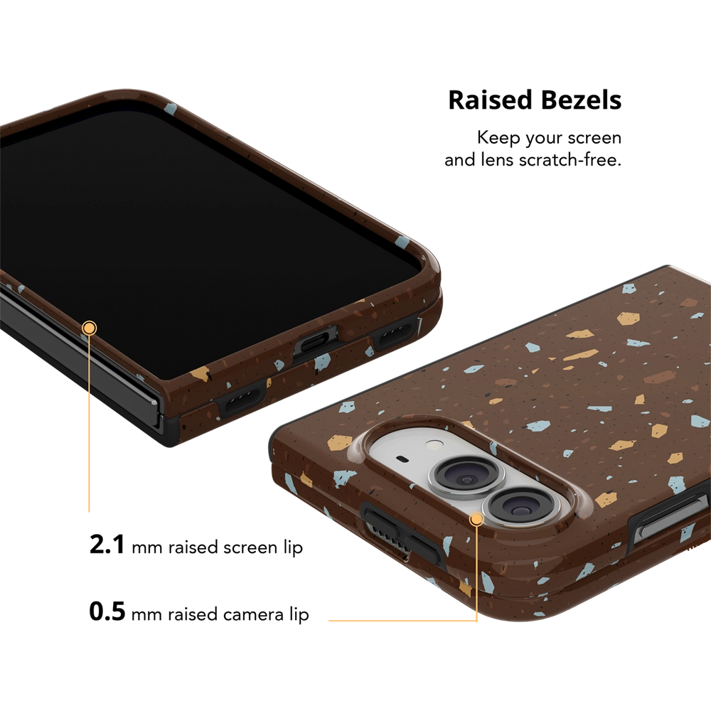 Brown Terrazzo, Earthy Neutral Stone iPhone 18 Fold Case, fully folded, showing raised-lip camera protection