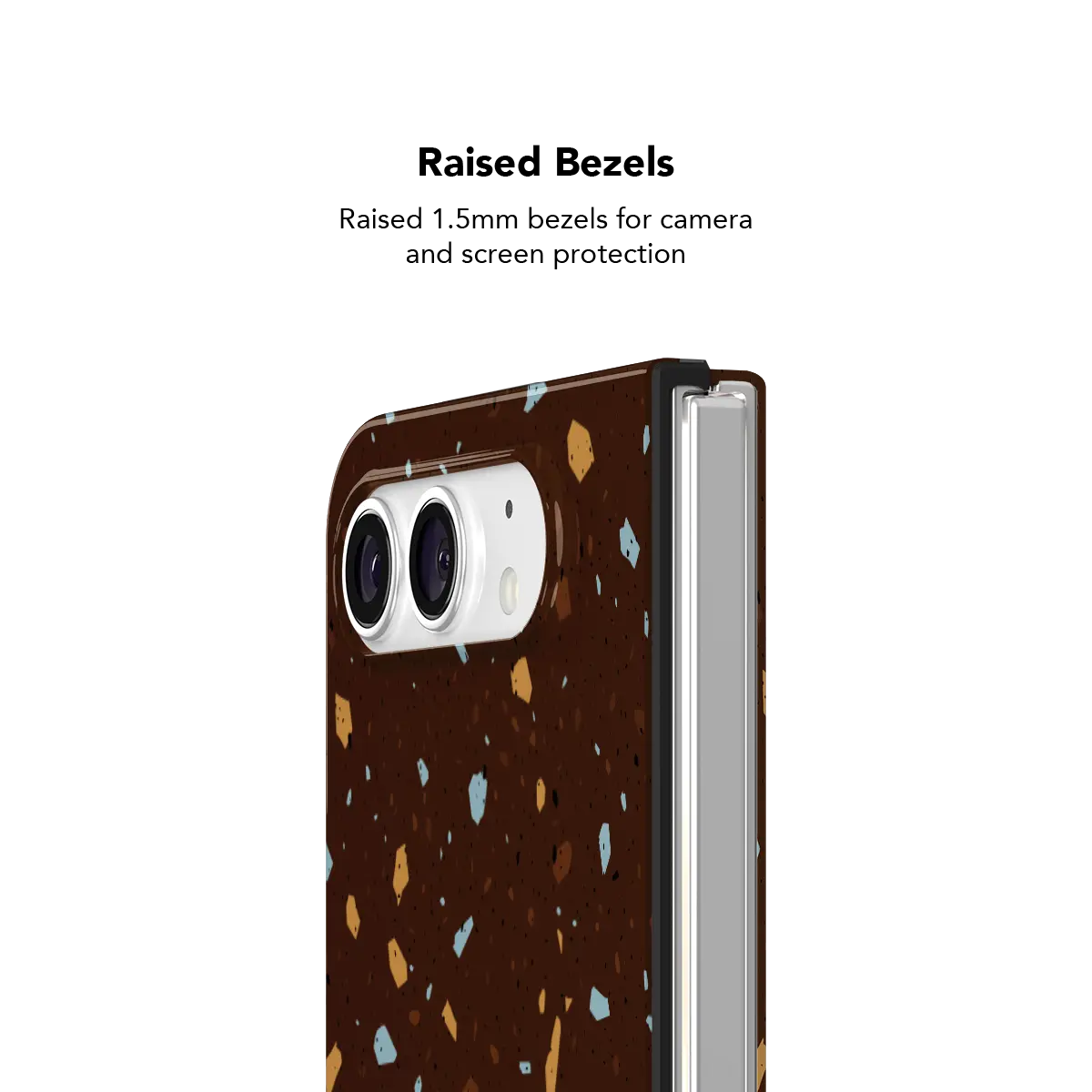 Brown Terrazzo, Earthy Neutral Stone iPhone 18 Fold Case, fully folded, showing raised-lip camera protection