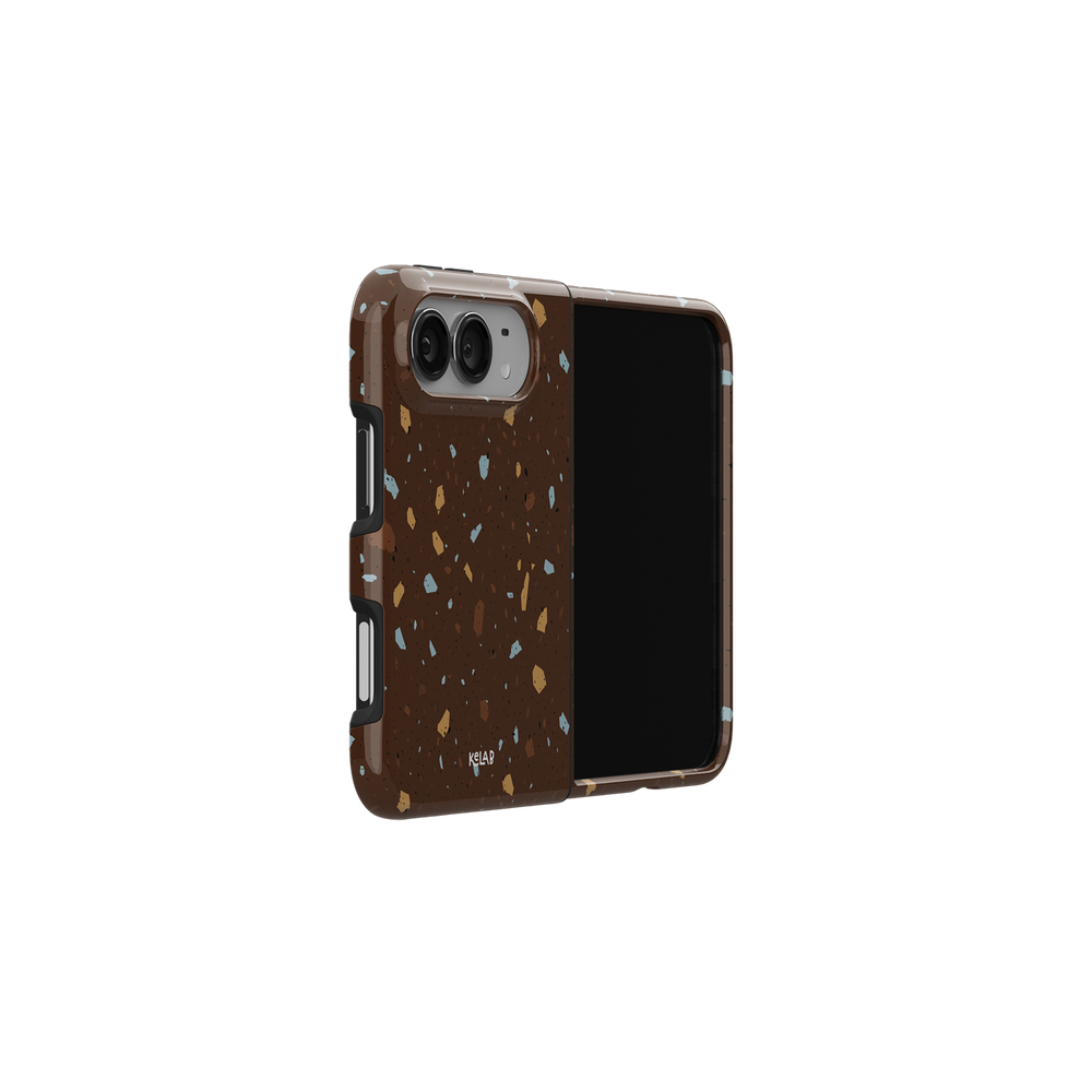 Brown Terrazzo, Earthy Neutral Stone iPhone 18 Fold Case, opened at an angle, side view