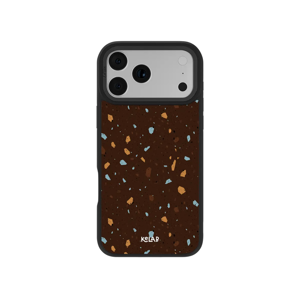 Terracotta speckle KELAB iPhone Case brown terrazzo speckle pattern on back with logo