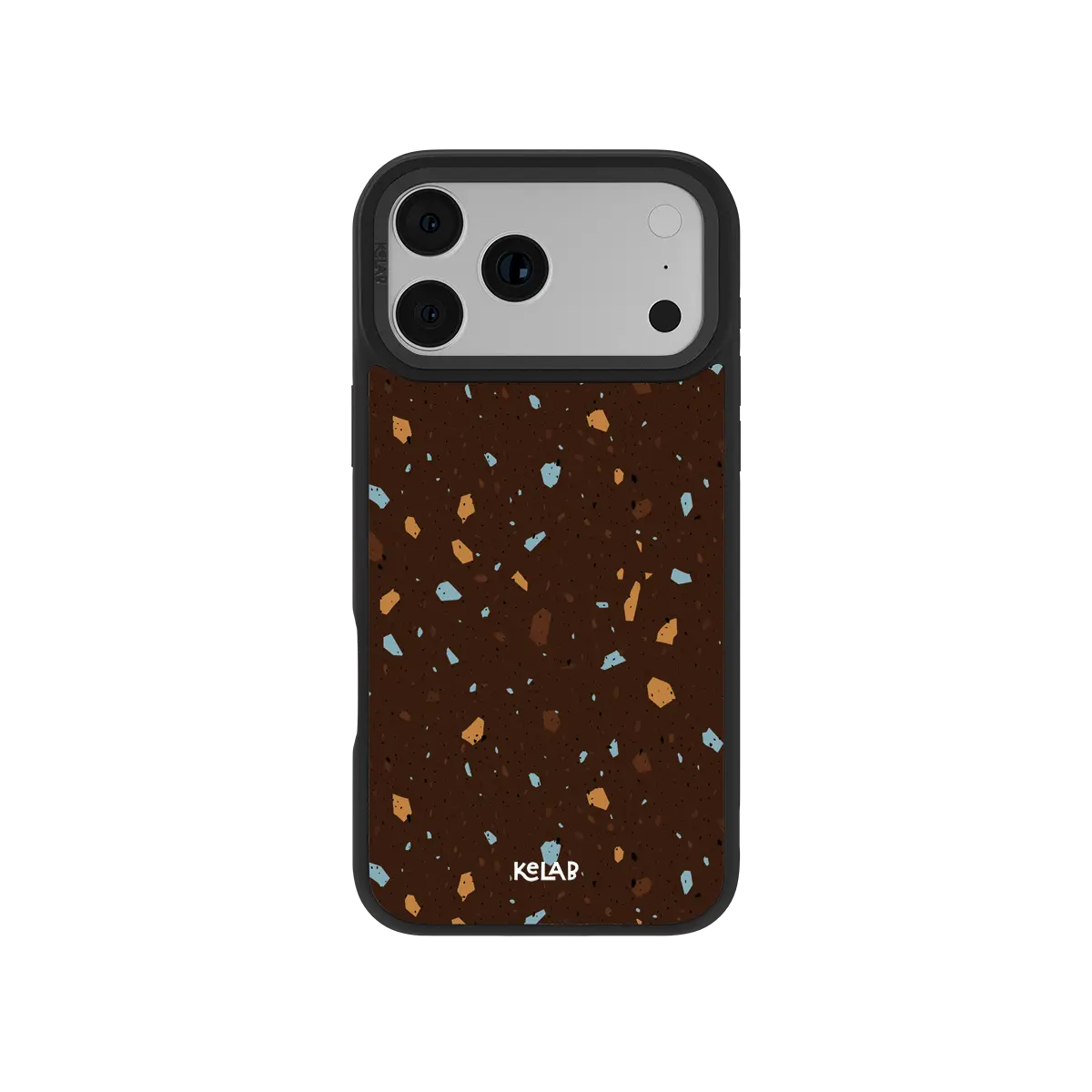 Terracotta speckle KELAB iPhone Case brown terrazzo speckle pattern on back with logo