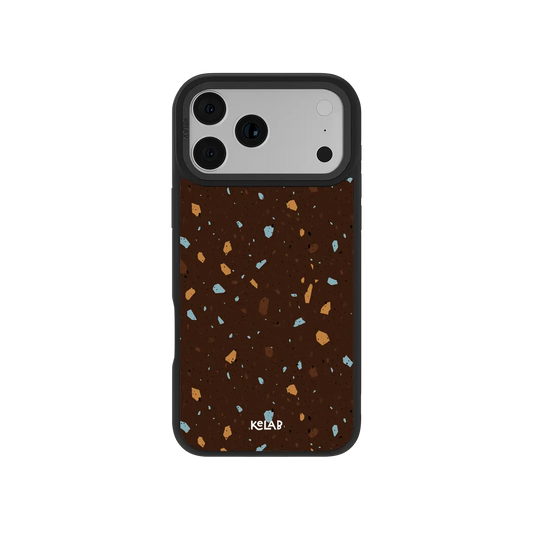Terracotta speckle KELAB iPhone Case brown terrazzo speckle pattern on back with logo