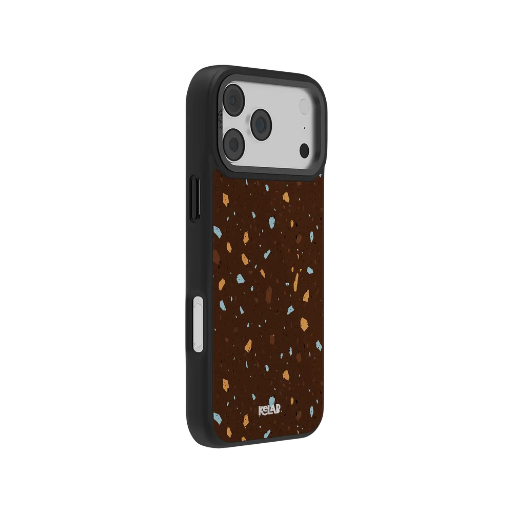 Terrazzo speckle KELAB iPhone Case brown with blue and tan flecks and raised camera edges