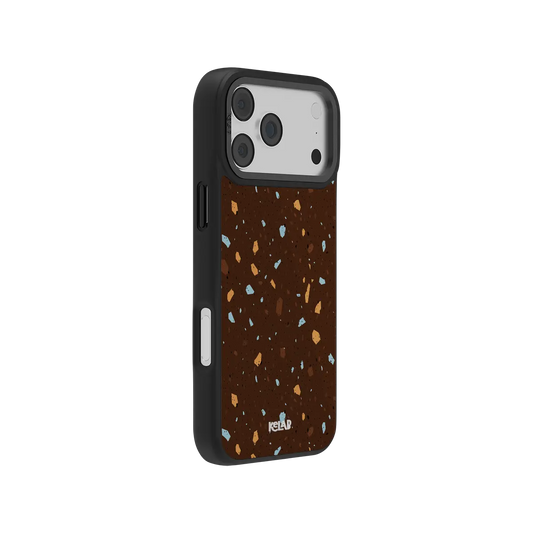 Terrazzo speckle KELAB iPhone Case brown with blue and tan flecks and raised camera edges