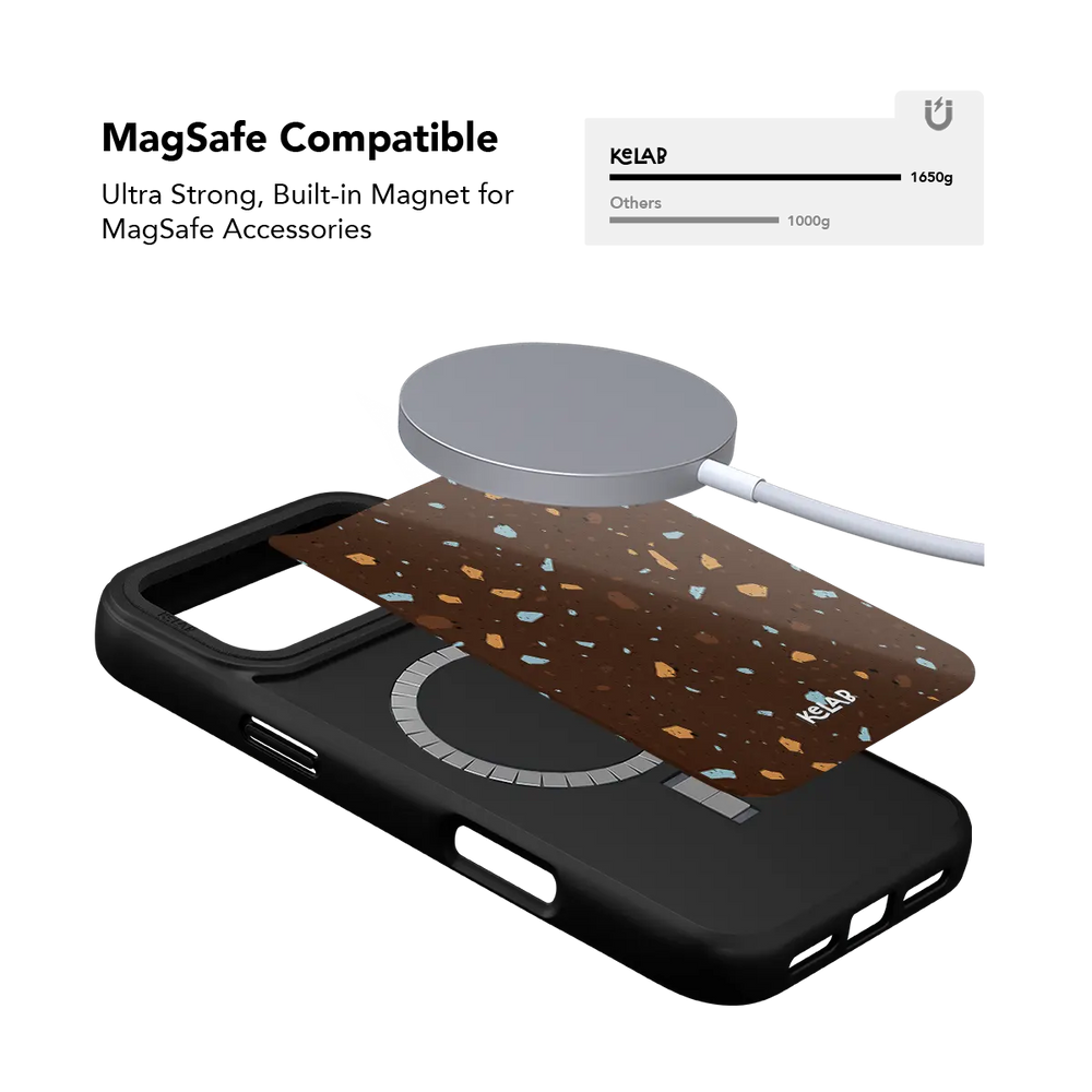 Abstract speckle KELAB iPhone Case brown with MagSafe ring and multicolor terrazzo tiles