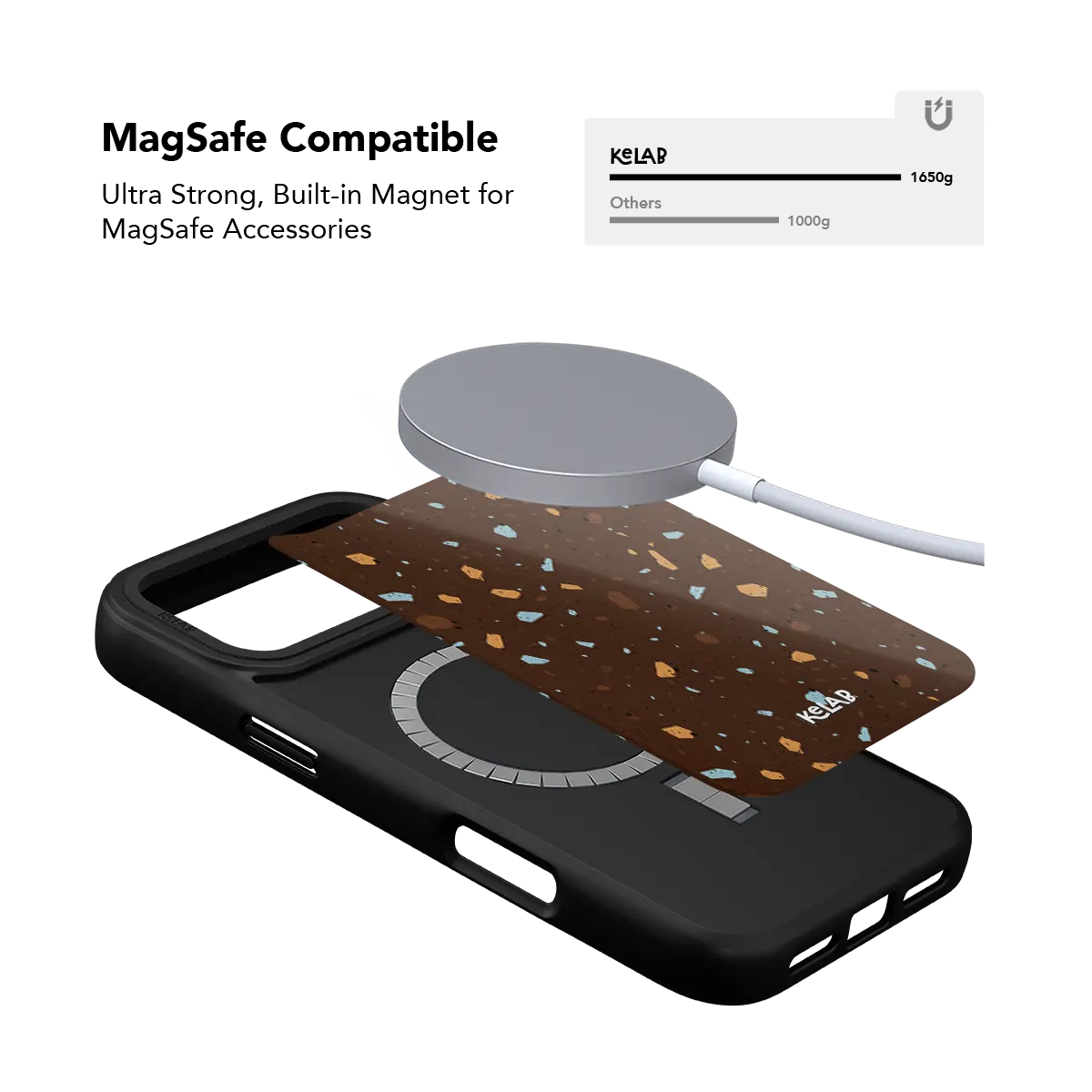 Abstract speckle KELAB iPhone Case brown with MagSafe ring and multicolor terrazzo tiles