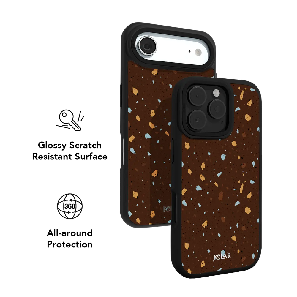 Brown iPhone Case KELAB with terrazzo speckle pattern and black case frame