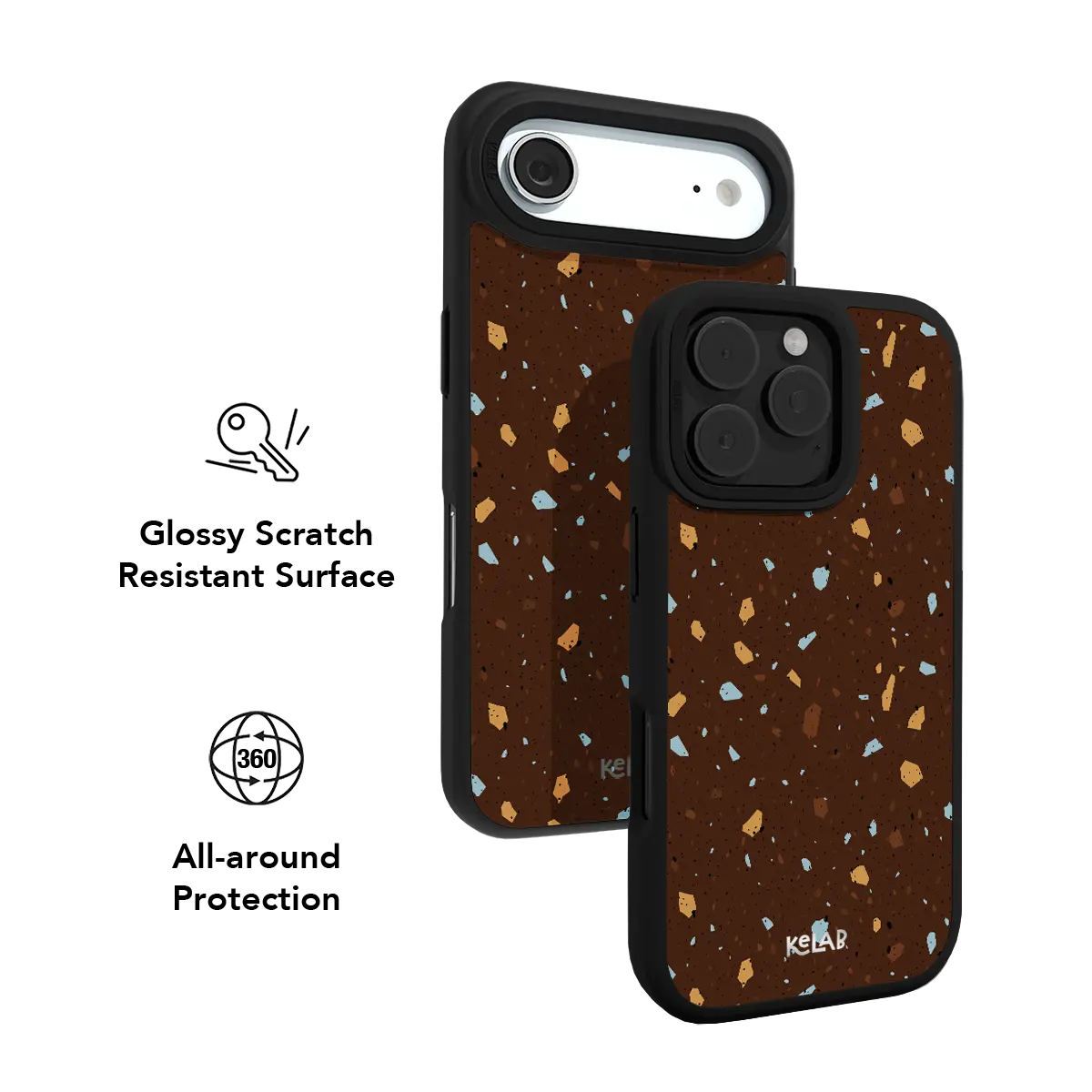 Brown iPhone Case KELAB with terrazzo speckle pattern and black case frame