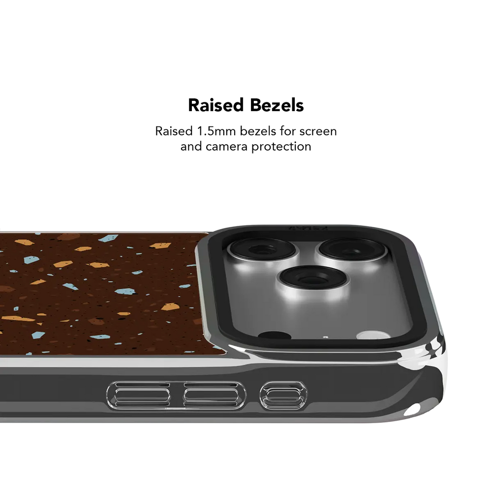 Earthy brown terrazzo iPhone Case KELAB with MagSafe and three lens openings on phone