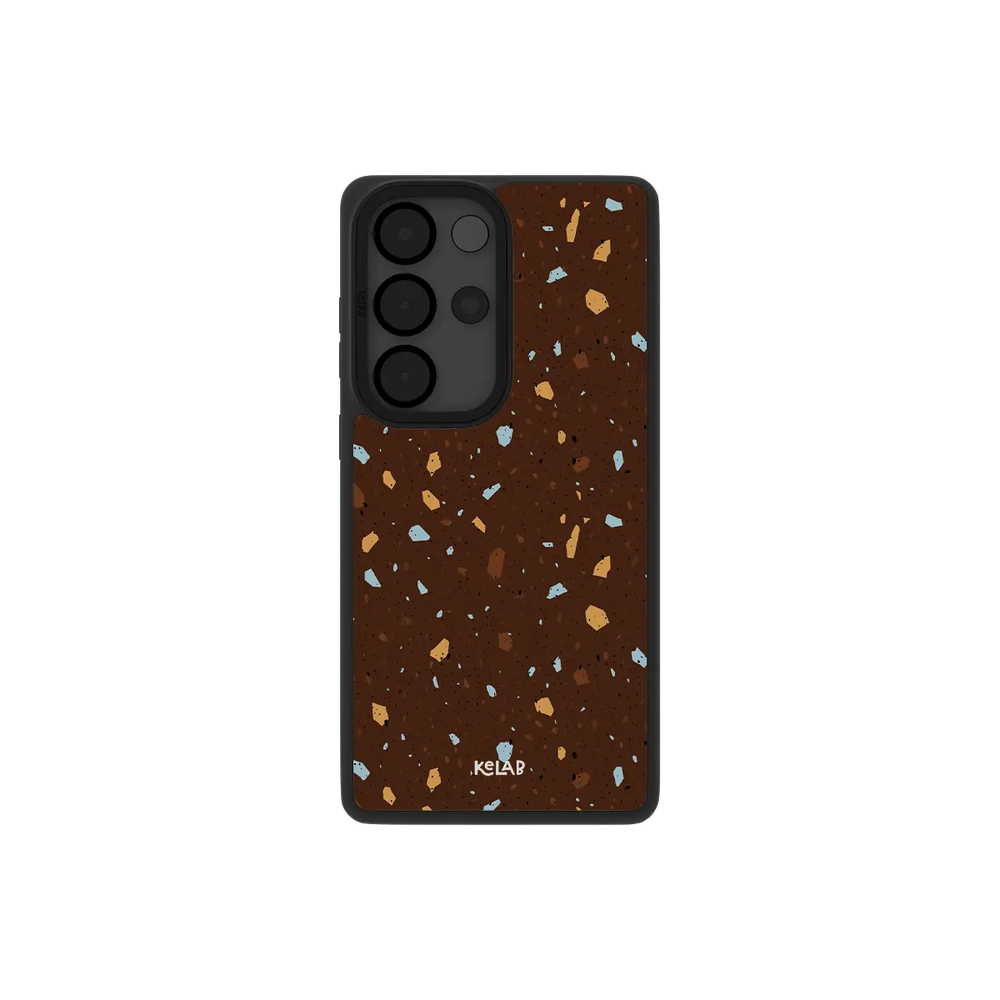 Brown terrazzo Samsung Galaxy case, back view with ochre and tan stone chips on deep brown around the camera cutout