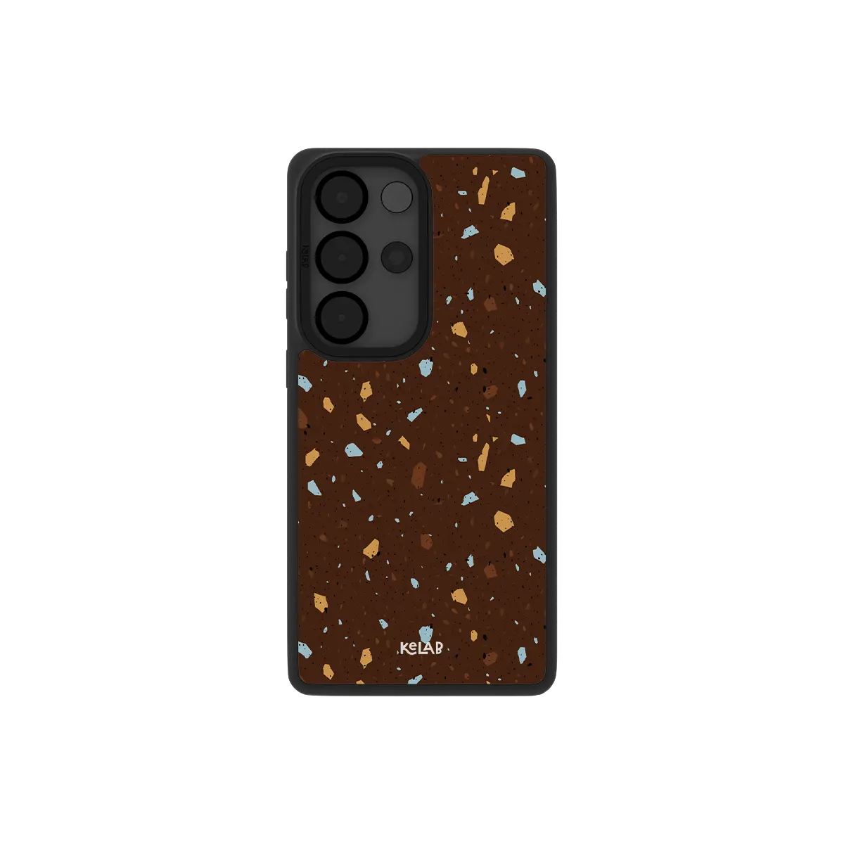 Brown terrazzo Samsung Galaxy case, back view with ochre and tan stone chips on deep brown around the camera cutout