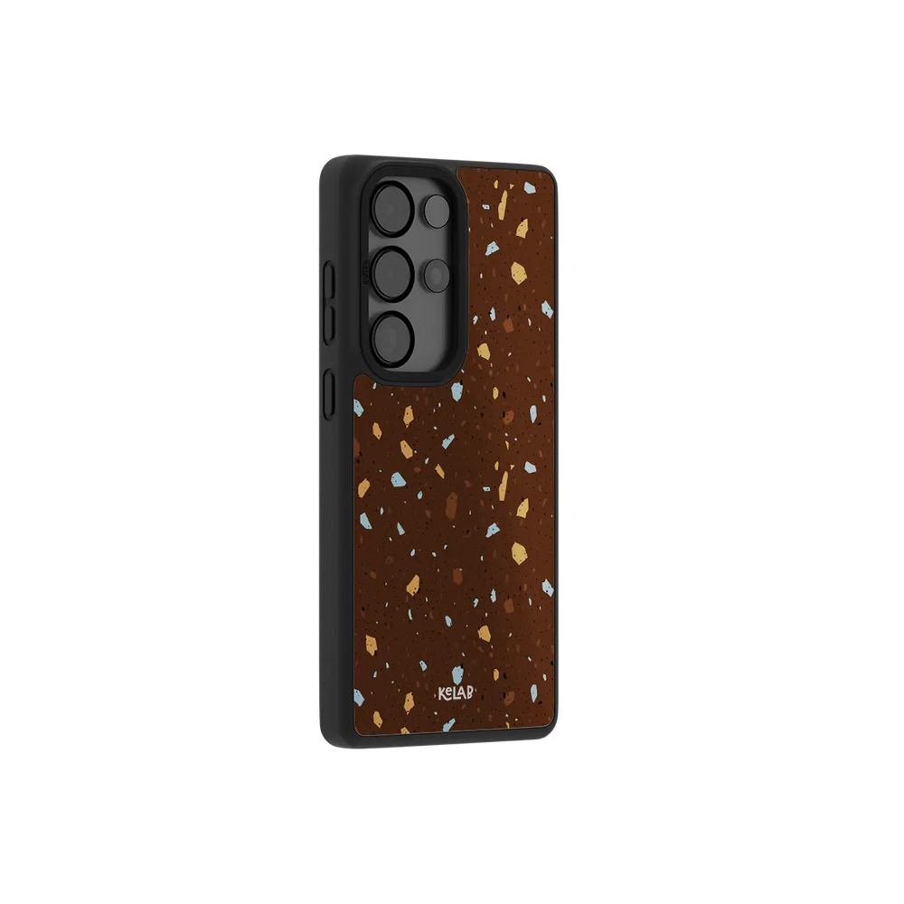 Brown terrazzo Samsung Galaxy case at a side angle showing the wrapped button covers