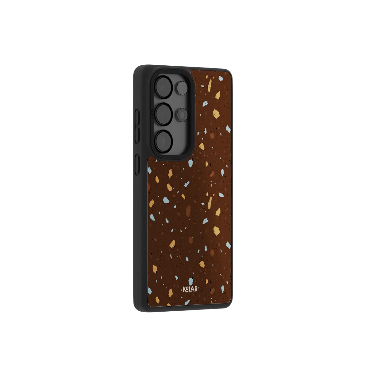 Brown terrazzo Samsung Galaxy case at a side angle showing the wrapped button covers