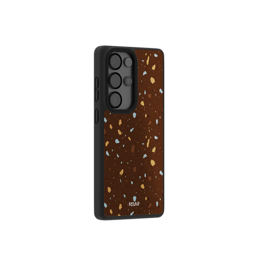 Brown terrazzo Samsung Galaxy case at a side angle showing the wrapped button covers