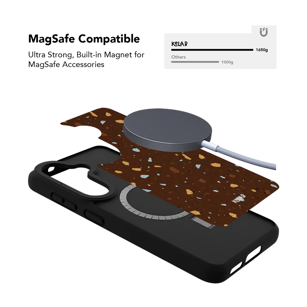 Brown terrazzo Samsung Galaxy case holding a magnetic wireless charger through the built in ring