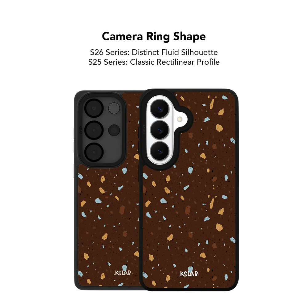 Close up of the camera ring cutout on the brown terrazzo Samsung Galaxy case