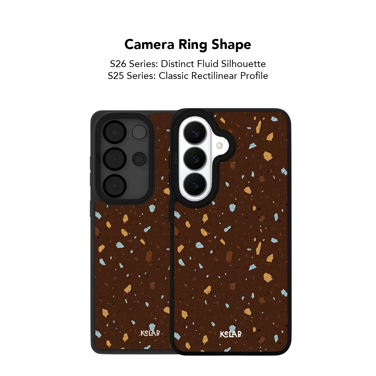 Close up of the camera ring cutout on the brown terrazzo Samsung Galaxy case
