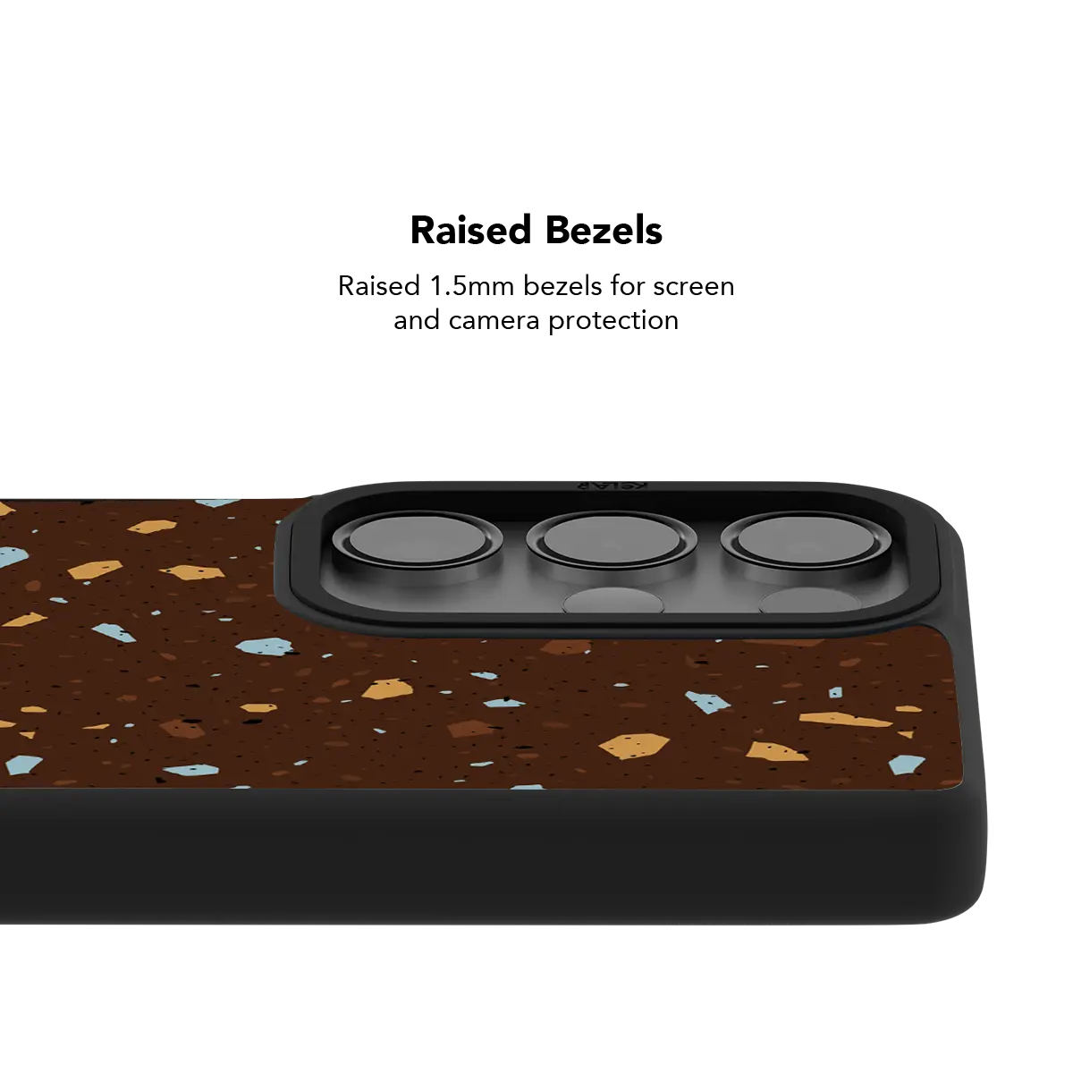 Raised bezel on the brown terrazzo Galaxy case lifting the camera lenses clear of a flat surface