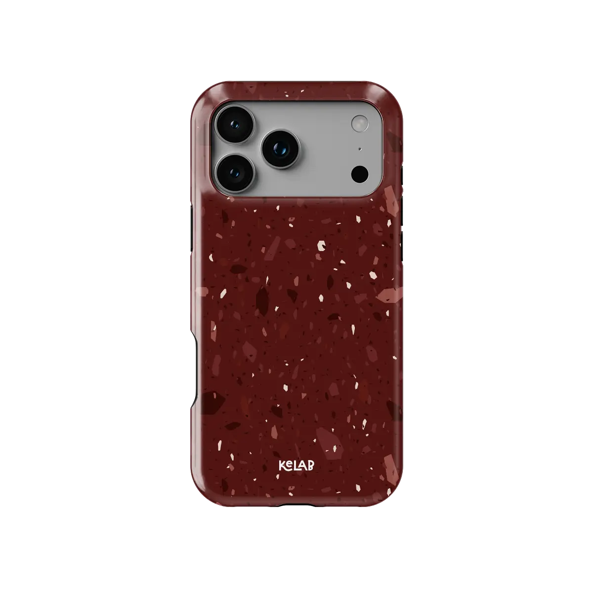 Crushed Merlot wine red terrazzo Tough iPhone case, front view showing the pattern.