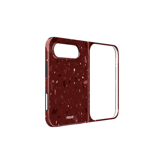 Burgundy Terrazzo, Wine Red Minimal iPhone 18 Fold Case, unfolded side view showing the hinge