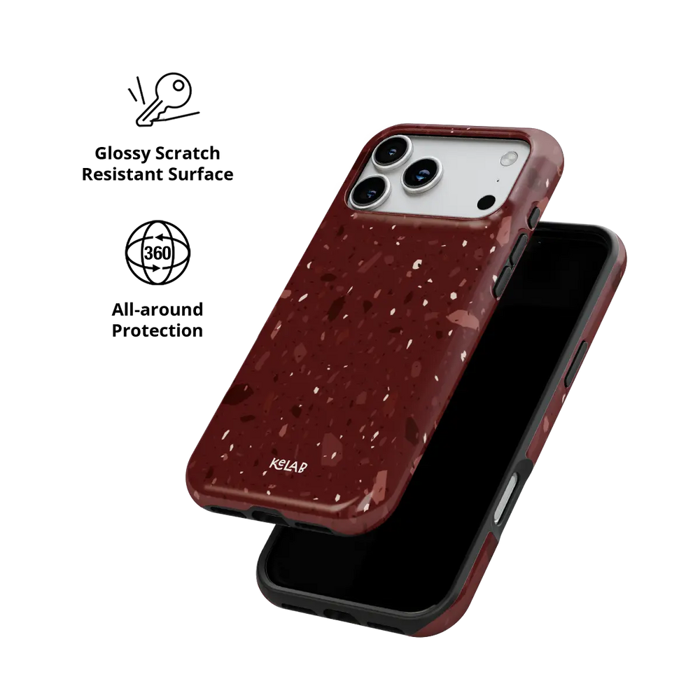 Crushed Merlot wine red terrazzo Tough iPhone case with glossy, scratch resistant all-around protection.