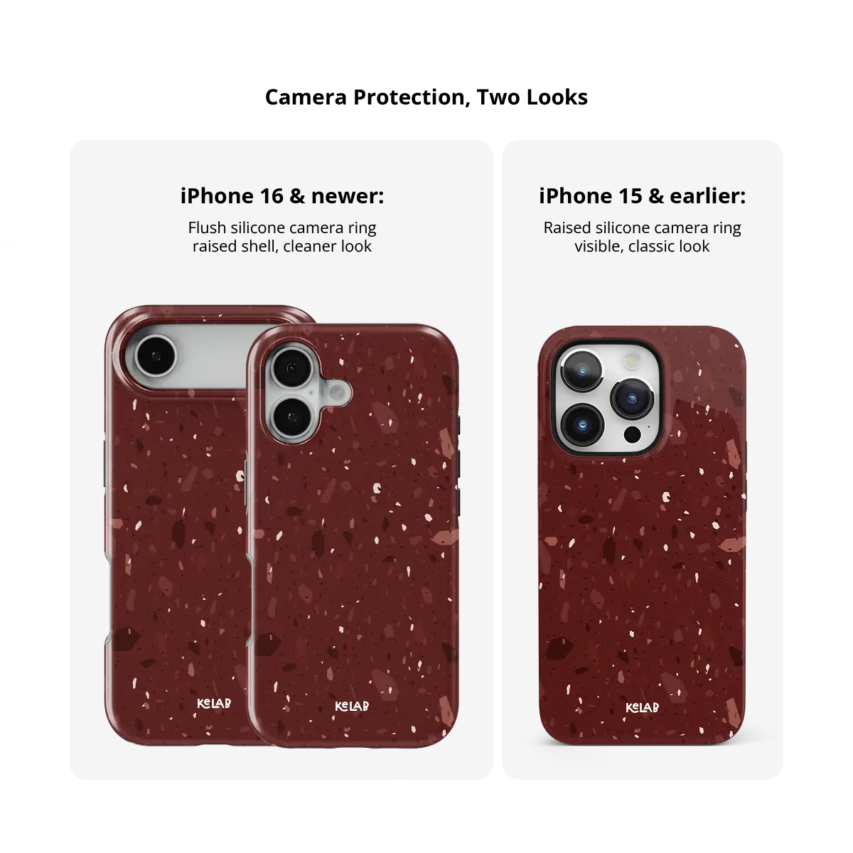 Crushed Merlot wine red terrazzo Tough iPhone case size comparison across iPhone 15 to 18 models.